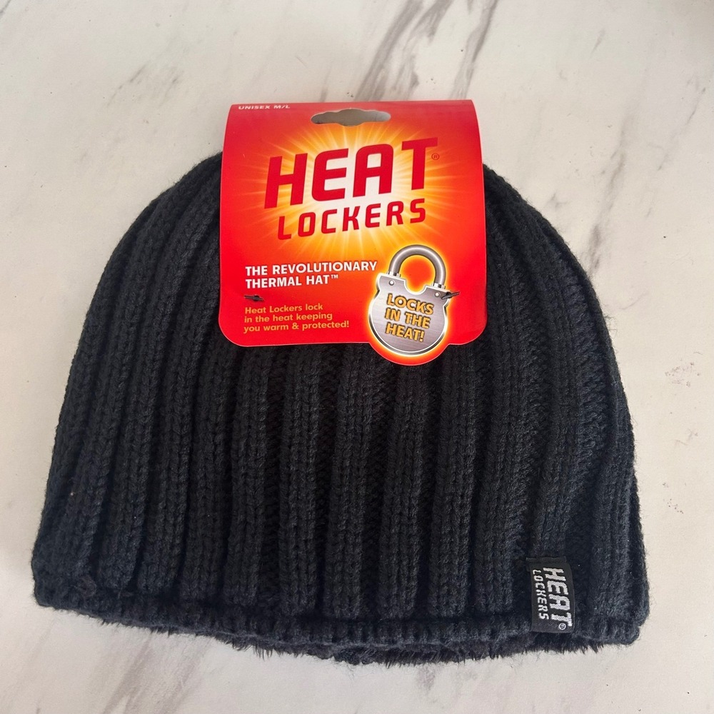 Heat Lockers Black M/L Unisex‎ Thermal Knit Hat Beanie Faux Fur Lined NEW